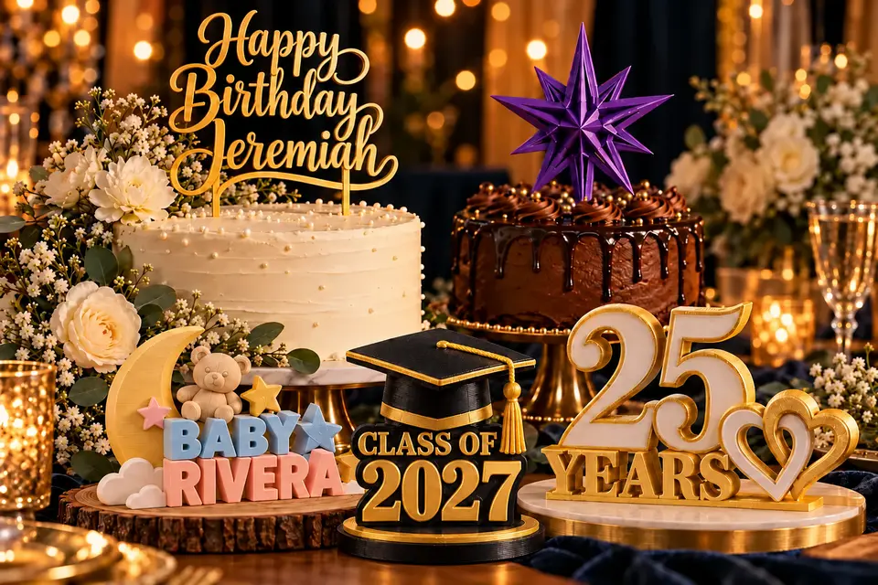 Customized 3D-printed birthday cake toppers, Baby Rivera shower décor, Class of 2027 graduation display, and a 25 Years anniversary keepsake