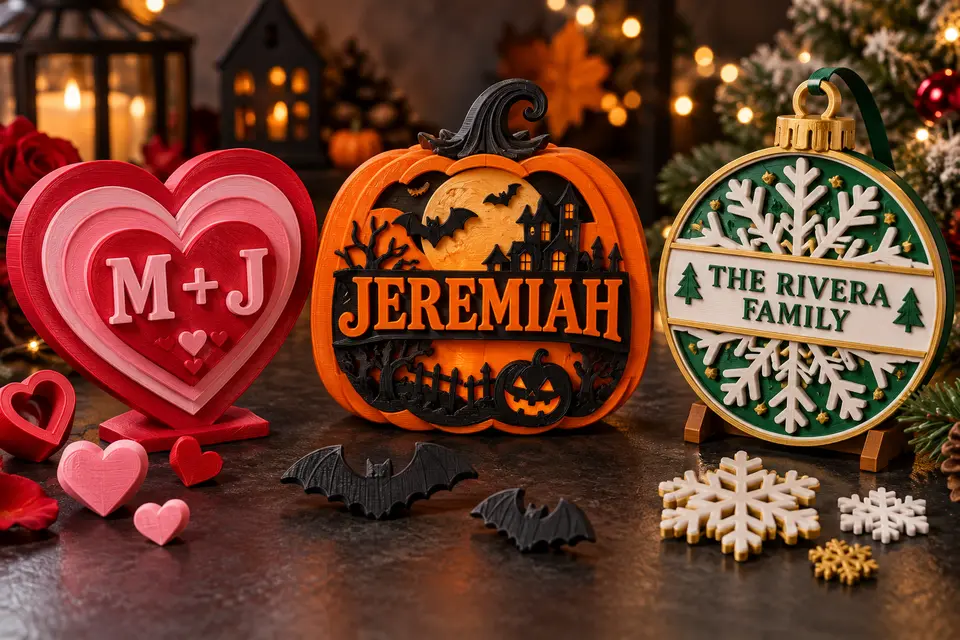 Customized 3D-printed Valentine heart, Halloween name sign, and Christmas family ornament