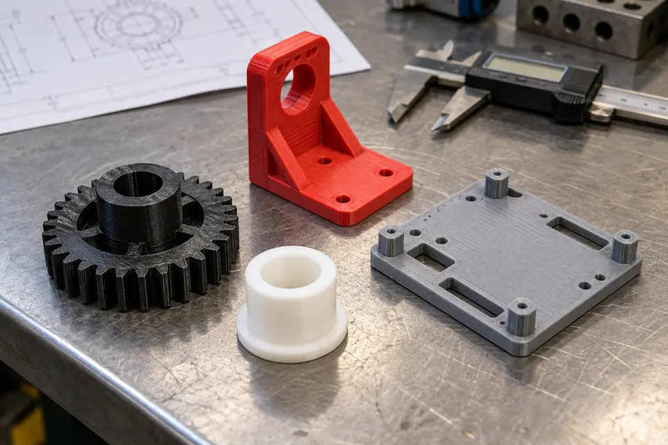 3D-printed gear, bushing, bracket, and equipment mounting plate on an industrial workbench