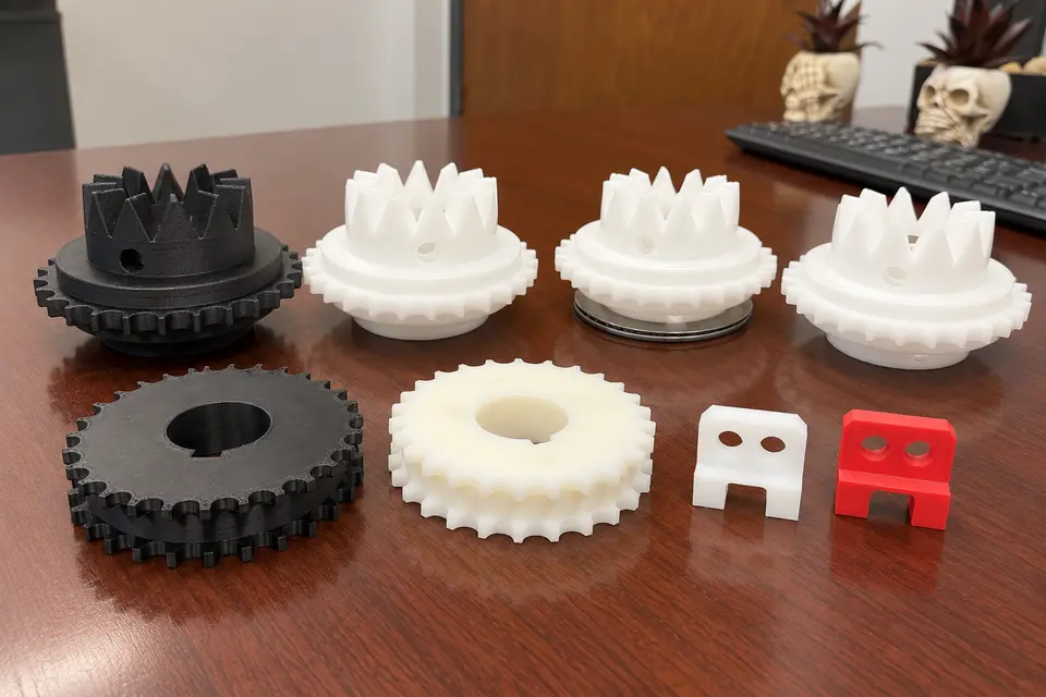 Collection of Moneybag Printz functional parts including gear assemblies, sprockets, and test-fit brackets