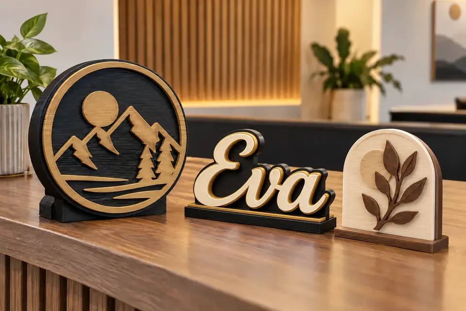 Custom 3D-printed signs including a personalized Eva nameplate